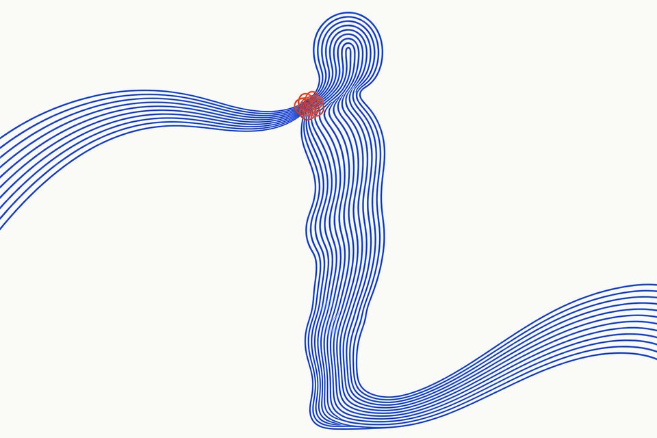 Ilustração: um feixe de linhas azuis paralelas vem da esquerda, desenha uma pessoa em pé, de perfil, e segue para a direita; na base do pescoço, as linhas se enroscam num nó vermelho
