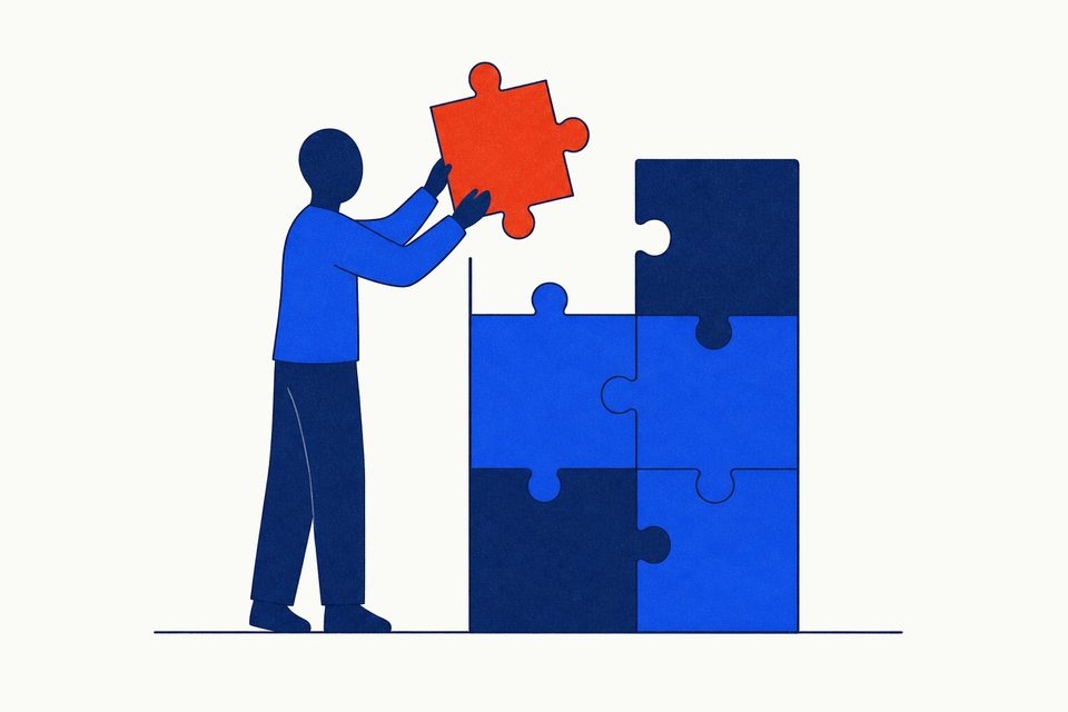 Ilustração: uma pessoa encaixa a última peça, vermelha, de um quebra-cabeça grande de peças azuis